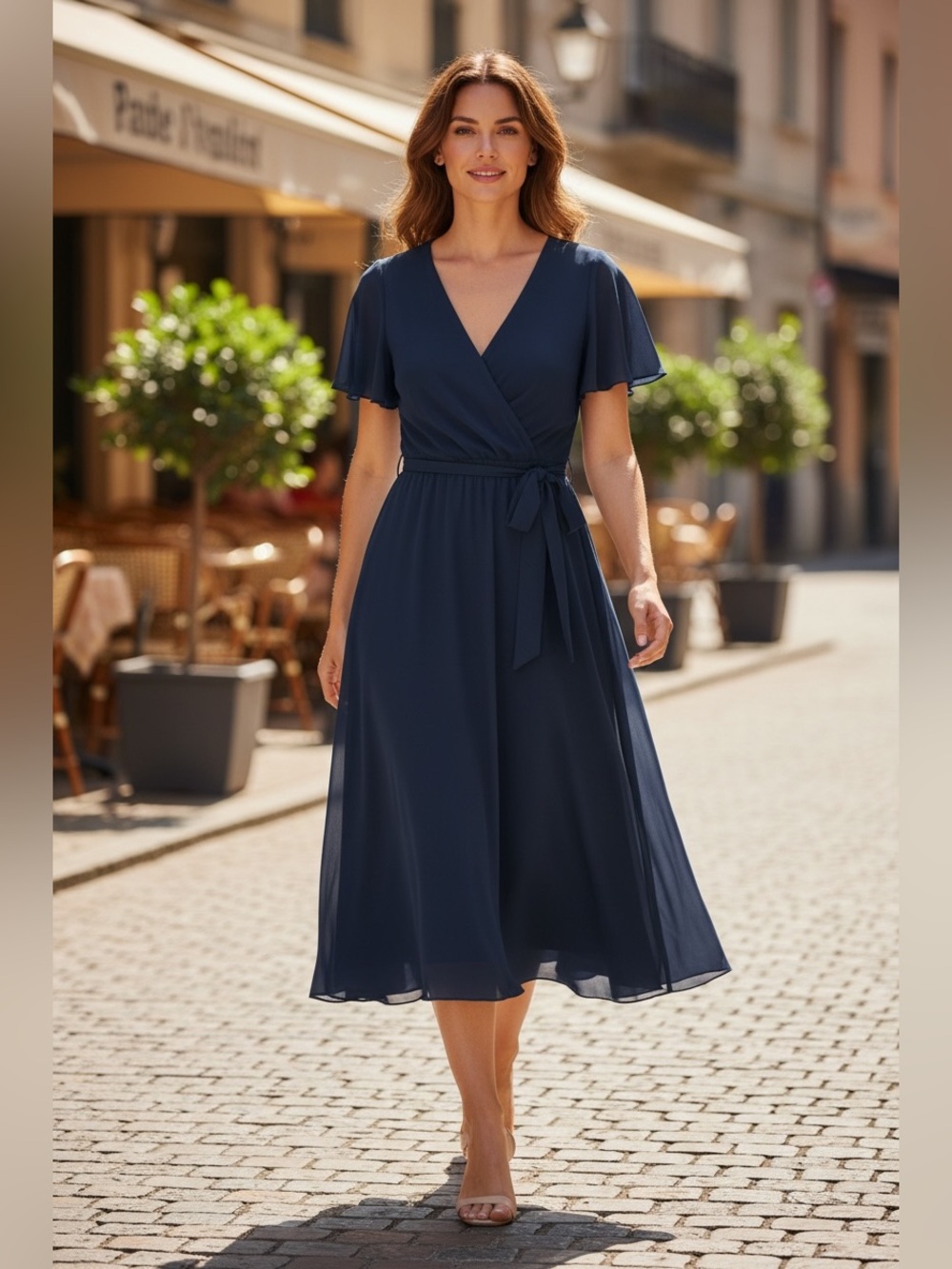 Women’s Ralph Lauren Elegant Navy Wrap Midi Dress with Tie Waist